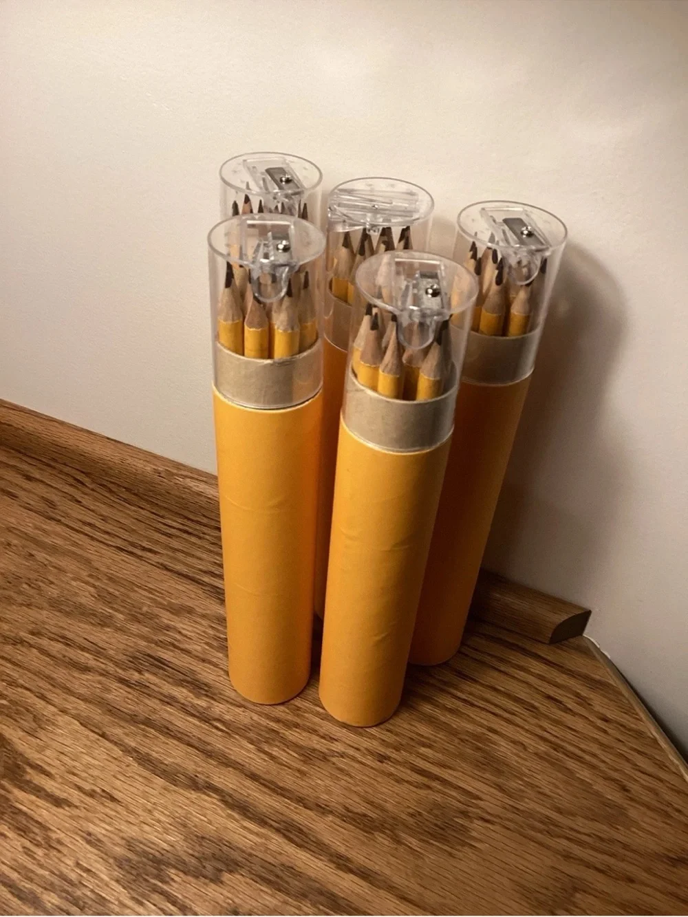 Yellow Wood Pencil Set in Cylindrical Tube with pencil sharpener On Top
